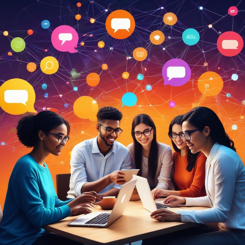 A dynamic scene depicting a diverse group of bloggers interacting on a digital platform, showcasing vibrant connections through visual elements like glowing networks and interconnected nodes. Include laptops and phones displaying the QB9 logo, surrounded by floating chat bubbles and social media icons. Bright colors and an energetic atmosphere evoke collaboration and creativity. super-realistic. vibrant colors. digital illustration.