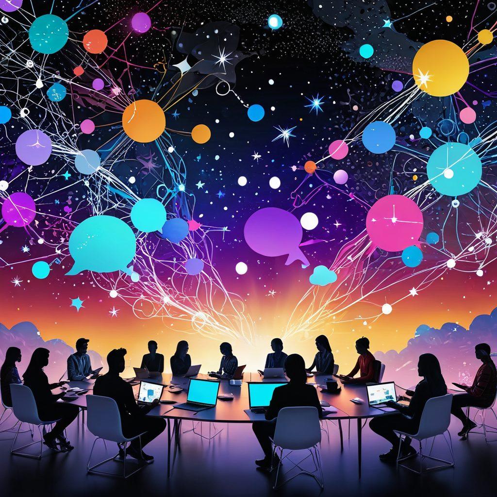 A vibrant digital landscape representing a bustling blogosphere, with interconnected nodes illustrating blogs networked together. Include diverse bloggers of different backgrounds engaged in discussions, writing, and sharing ideas, over a cosmic background filled with stars symbolizing creativity. Incorporate elements like floating text bubbles and social media icons to enhance the connectivity theme. super-realistic. vibrant colors. digital art.